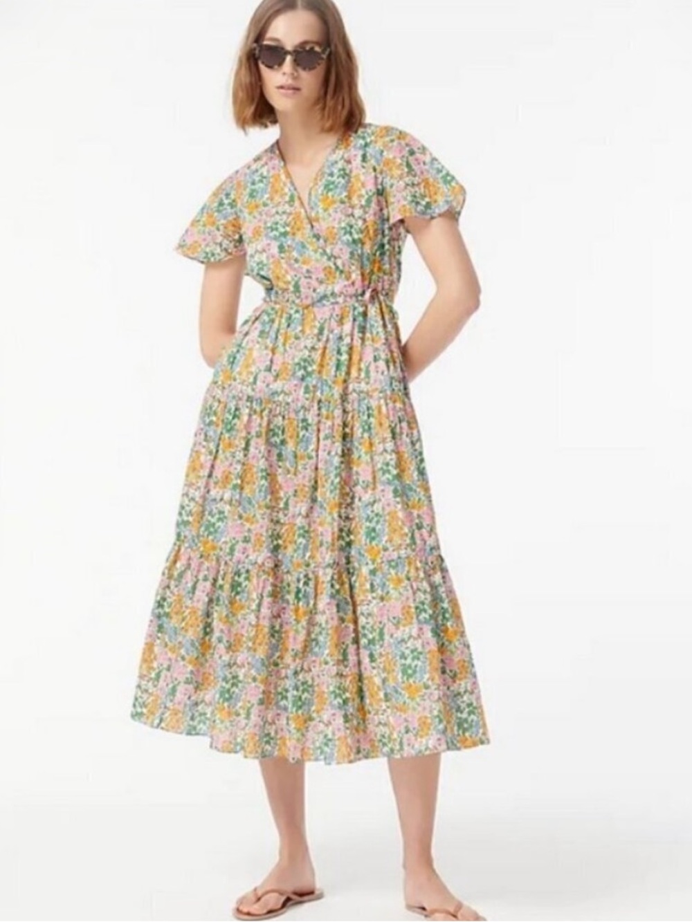 J. Crew Liberty Fabrics Pastel Floral Tiered Midi Faux Wrap Dress Size 8 NWOT
